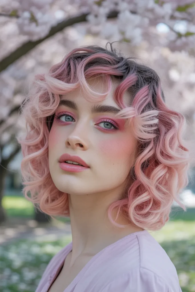 Curly Wolf Cut With Pastel Pink Tones for a Dreamy Look