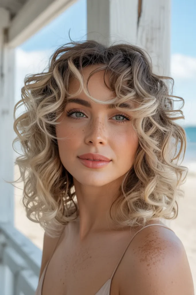 Curly Wolf Cut With Soft Blonde Balayage