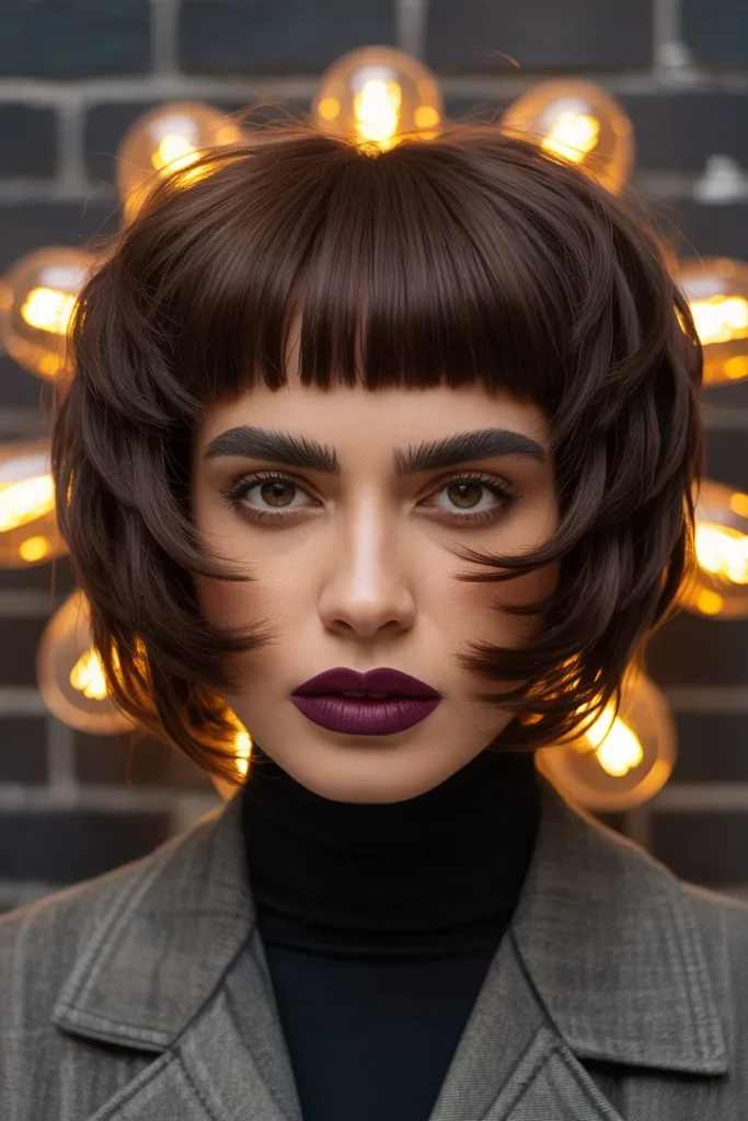 Dark Brunette Short Shag With Baby Bangs And Bold Layers