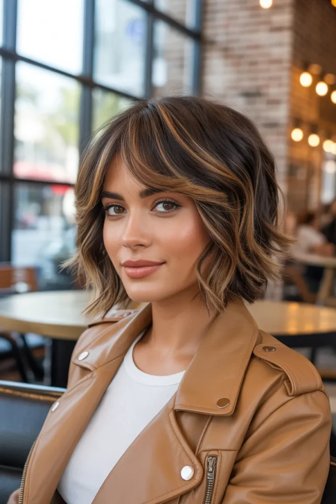 Dimensional Brunette Short Shag With Curtain Bangs And Highlights