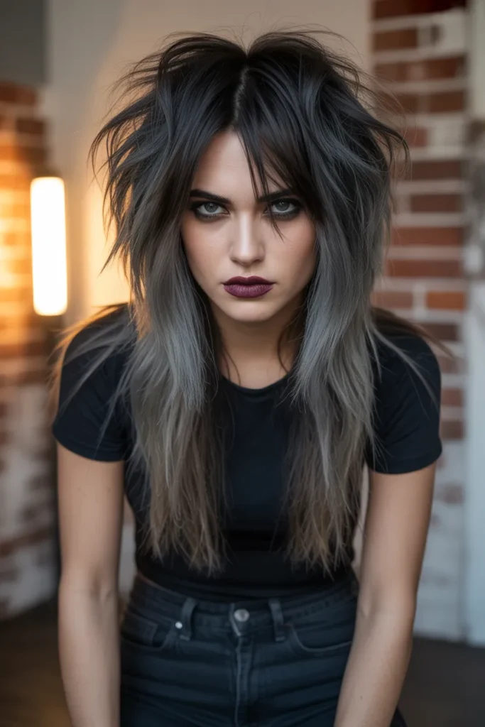 Edgy Long Shag With Choppy Layers and Dark Roots