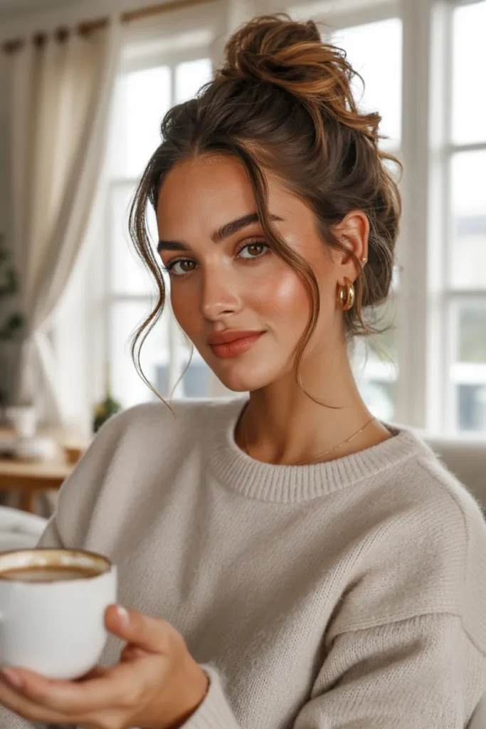 Effortless Messy Bun With Brunette Highlights