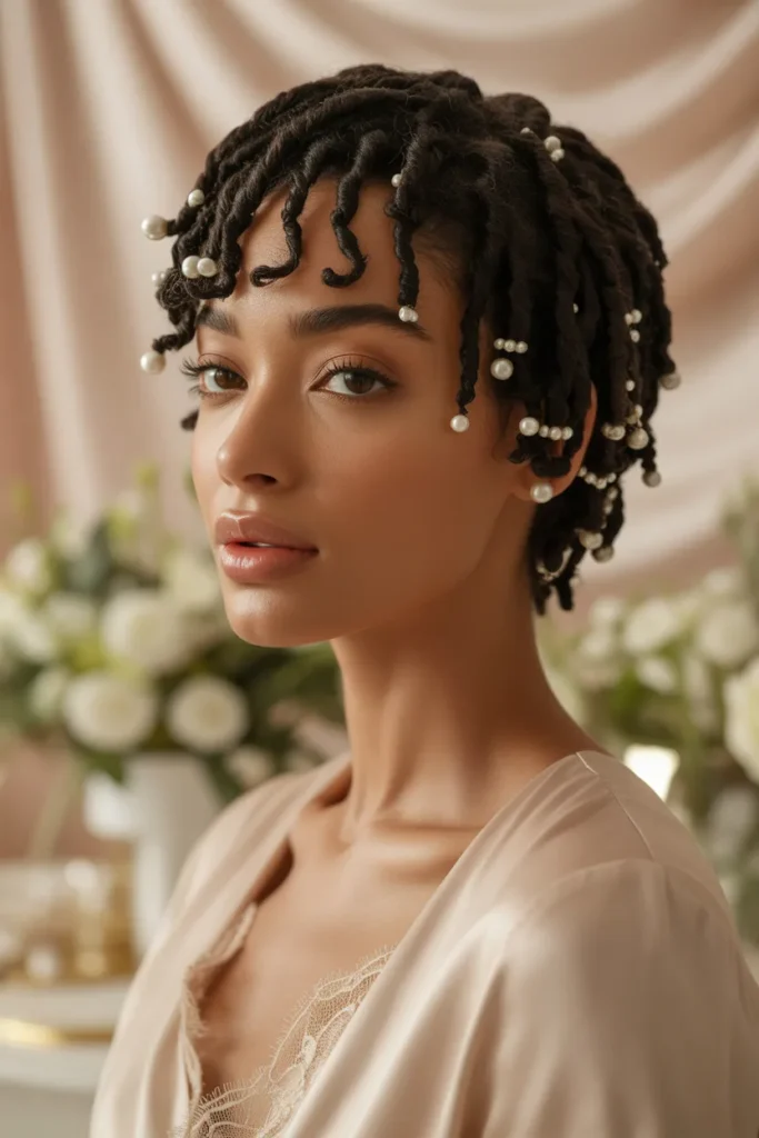 Elegant Loc Styles Short Hair With Pearl Accessories and Defined Coils