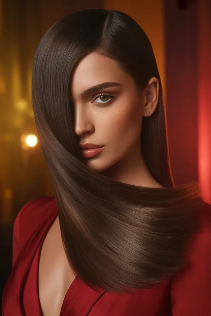 Glossy Straight Hair With a Deep Side Part