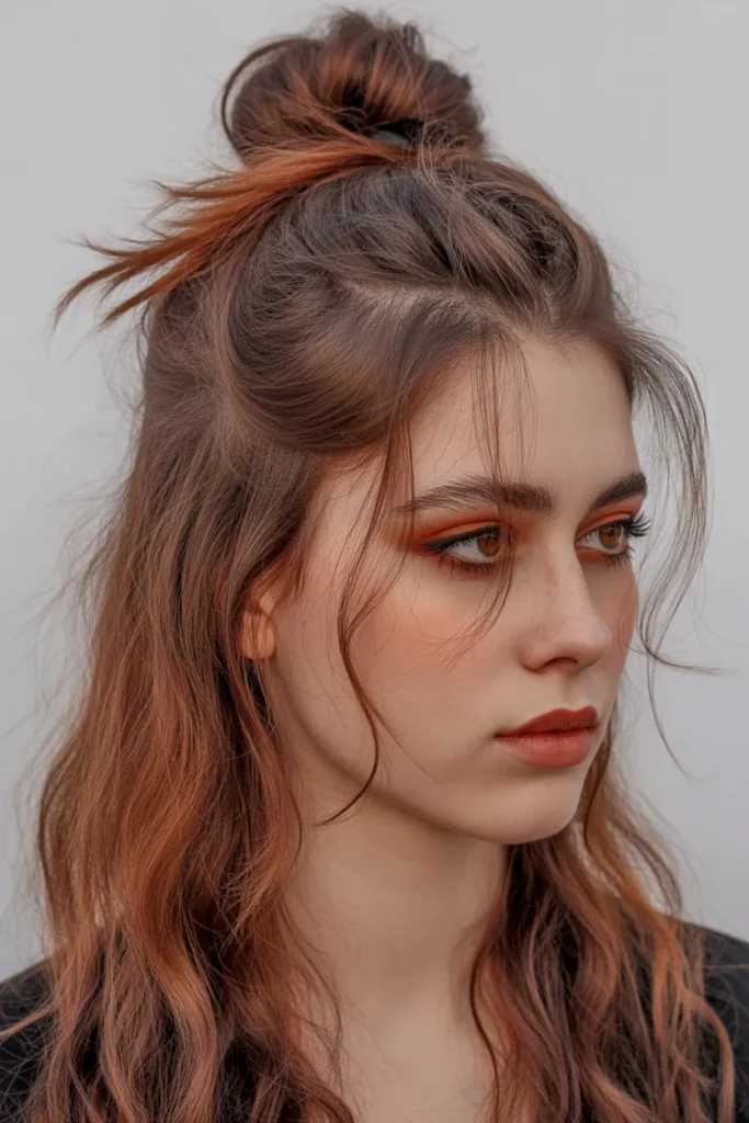 Grunge Hairstyle with Half-Up Messy Bun and Wispy Pieces