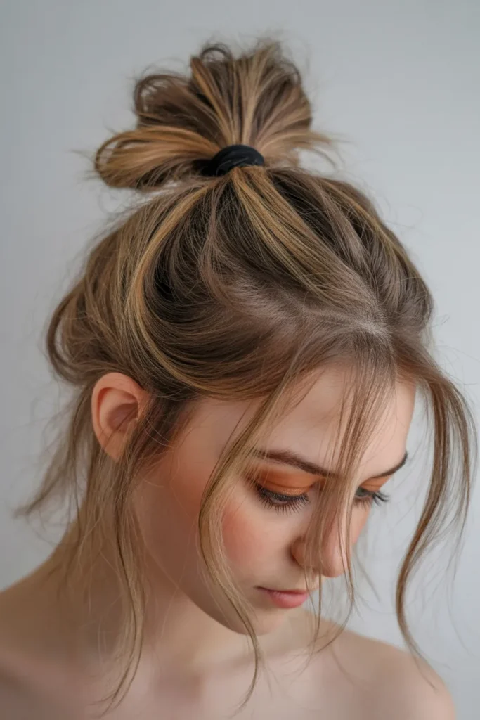 Grunge Hairstyle with Messy Low Bun and Face-Framing Layers