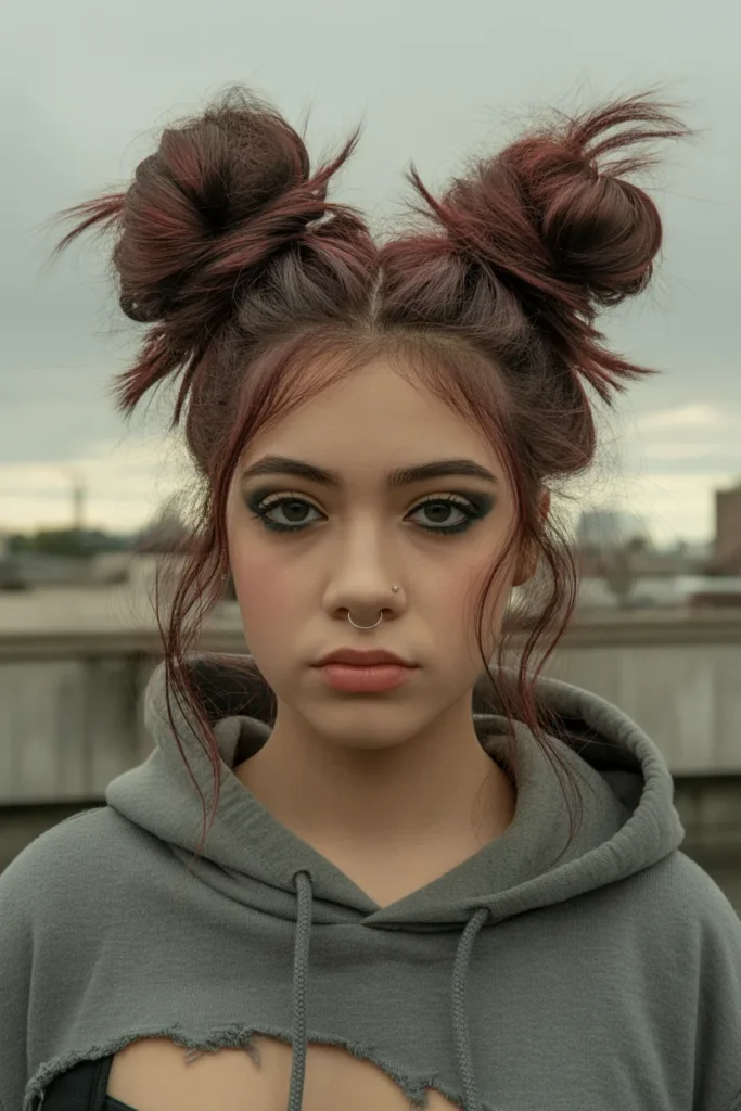 Grunge Hairstyle with Space Buns and Messy Texture