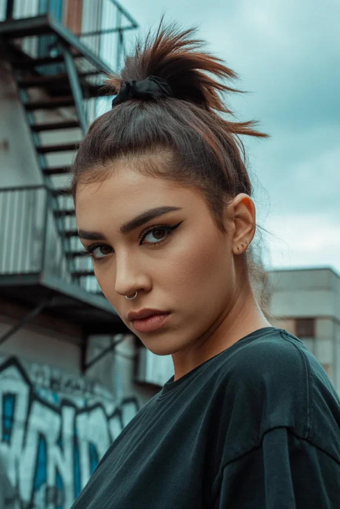 Grunge Hairstyles with Messy High Ponytail and Loose Strands