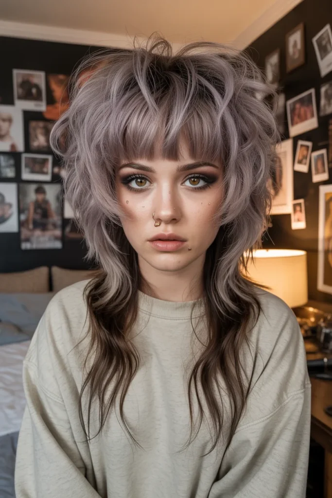 Grunge Hairstyles with Messy Wolf Cut and Shaggy Layers