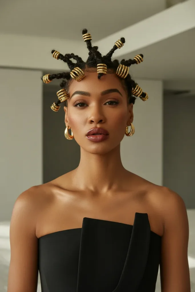 Loc Styles Short Hair Styled Into a Mini Updo With Gold Cuffs