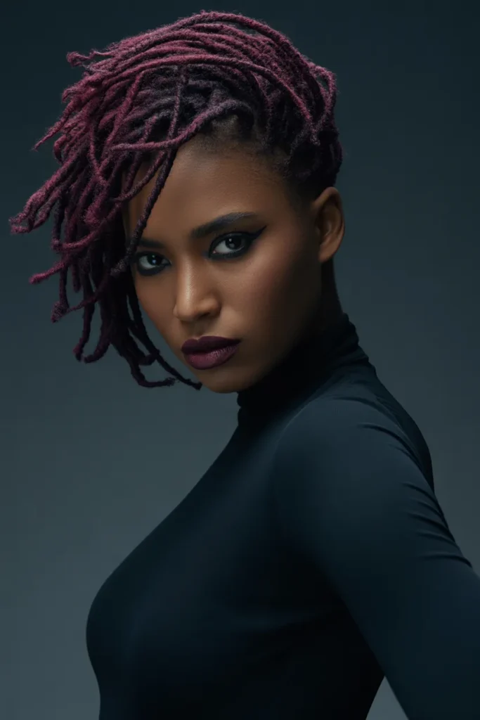 Loc Styles Short Hair With Burgundy Color and Side Swept Look
