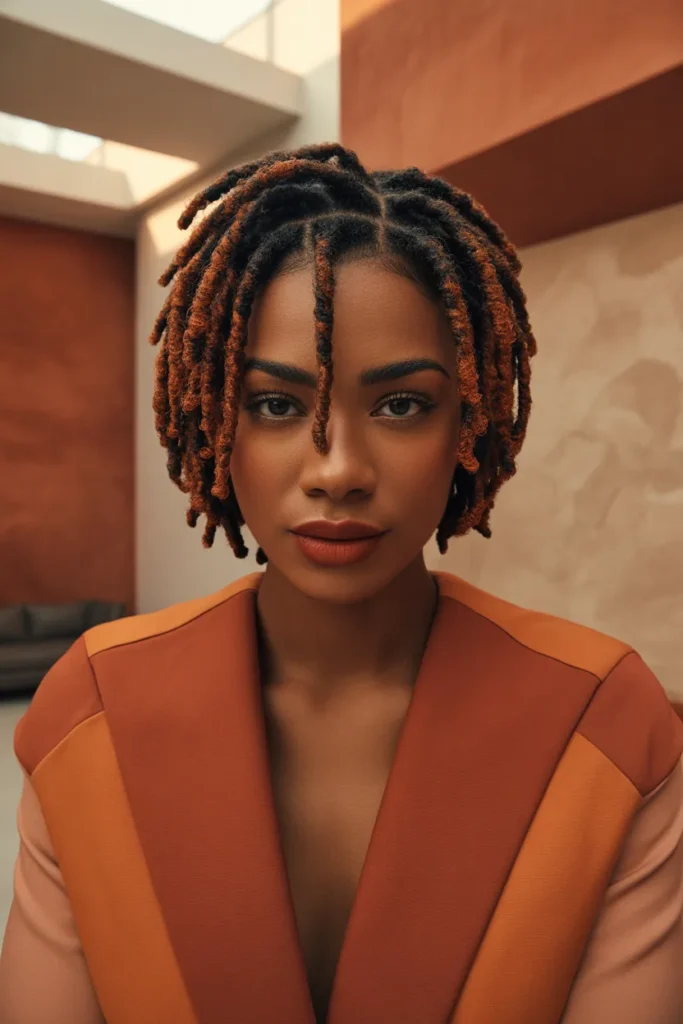 Loc Styles Short Hair With Copper Highlights and Defined Parts