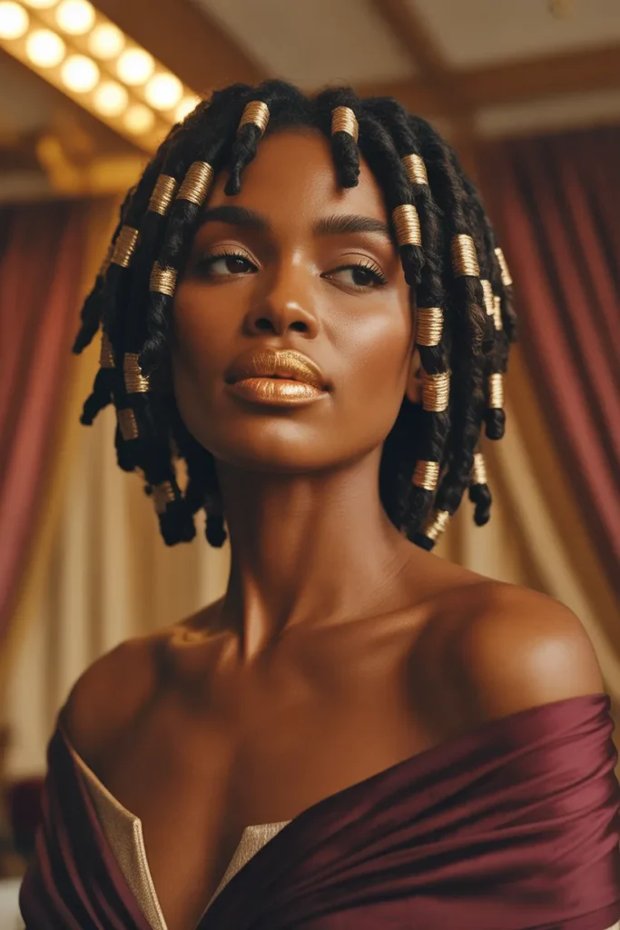 Loc Styles Short Hair With Metallic Gold Thread Wraps