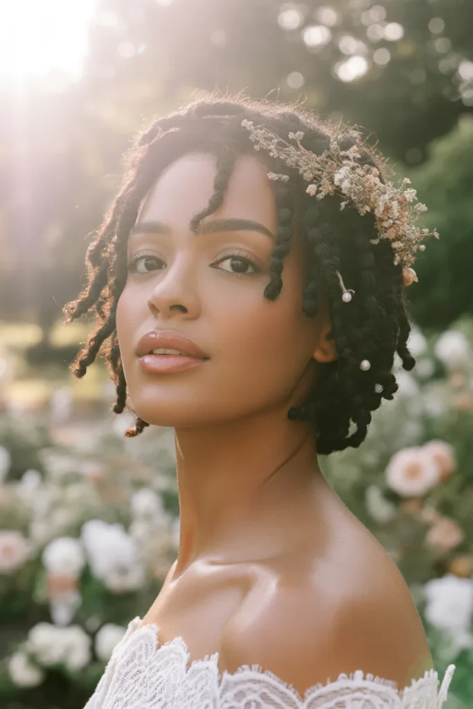Loc Styles Short Hair With Twisted Crown and Delicate Flowers