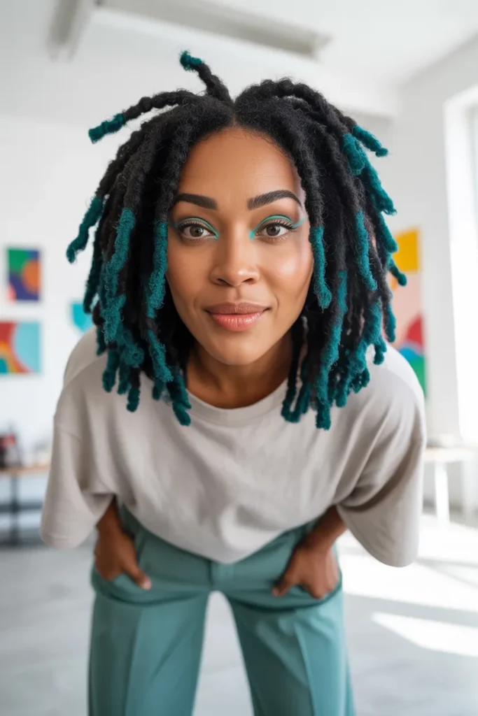 Loc Styles Short Hair With Vibrant Teal Tips and Natural Roots