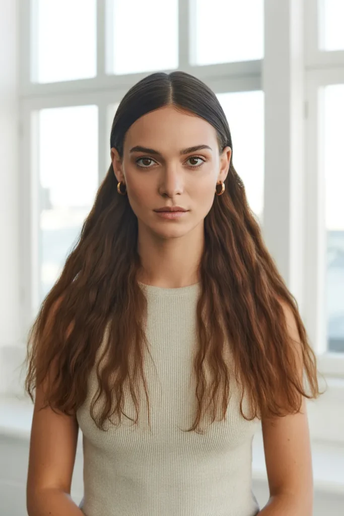 Long Brunette Hair With a Center Part and Natural Texture