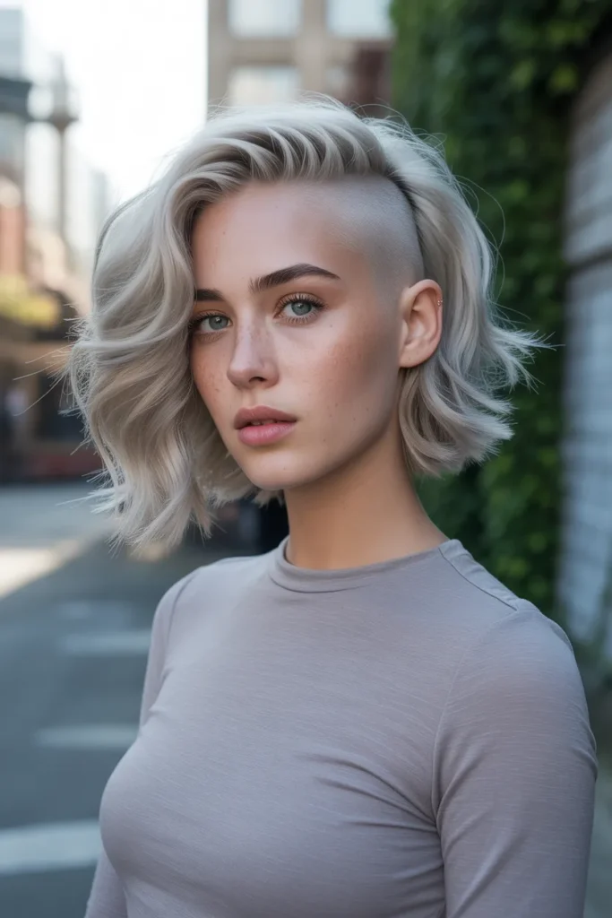 Platinum Blonde Undercut Bob With Textured Waves
