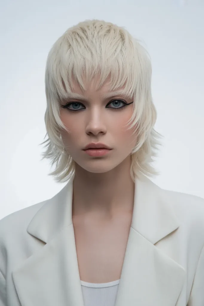 Platinum Blonde Wolf Cut for a High Fashion Edge