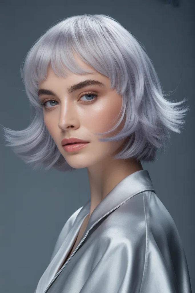 Platinum Silver Short Shag With Wispy Curtain Bangs