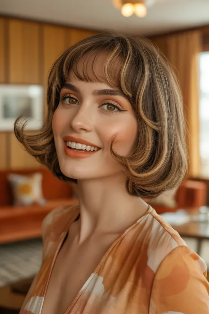 Razor Cut Bob With Bangs for a Retro 70s Vibe