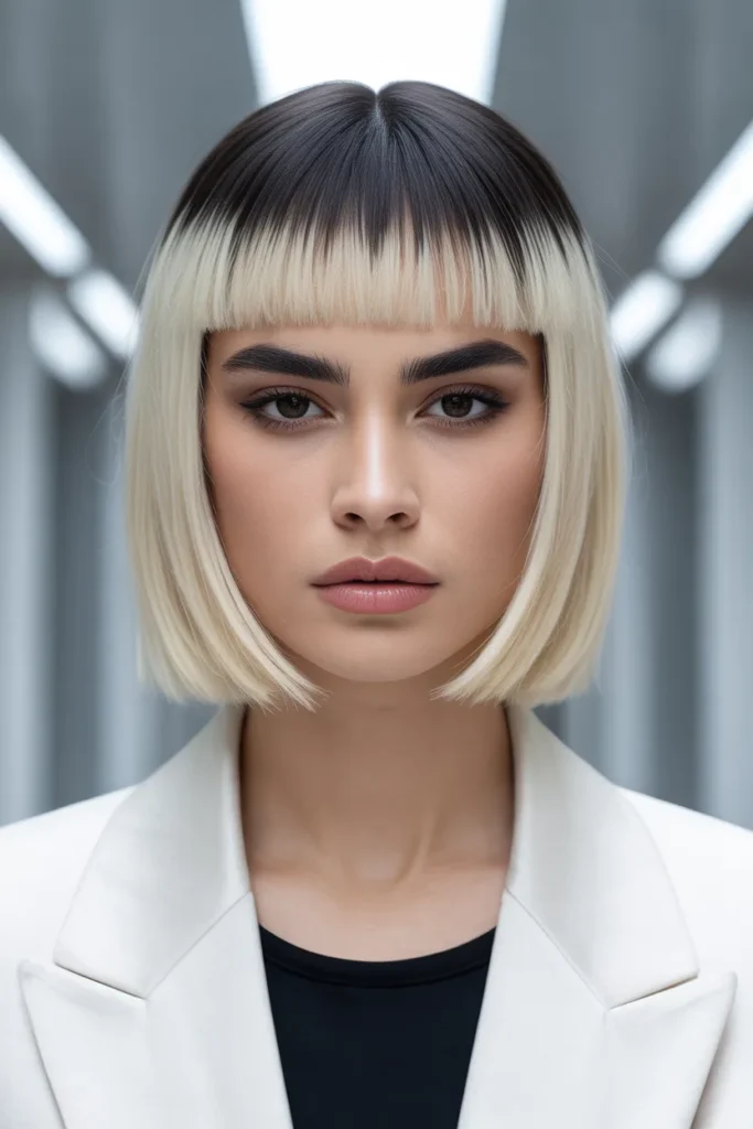Razor Cut Bob With Dark Roots and Blonde Ends