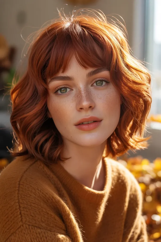 Redhead Medium Shag Haircut With Curtain Bangs