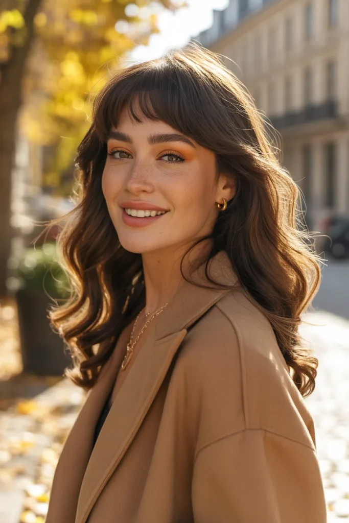 Rich Brunette Curtain Bangs With Loose Waves