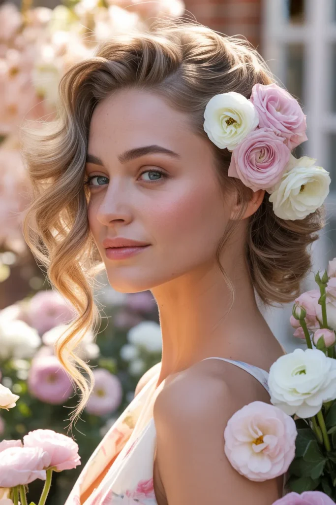 Romantic Side Swept Hair With Fresh Florals