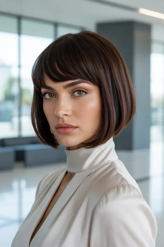 Sleek Dark Brown Long Pixie Bob With Side-Swept Bangs