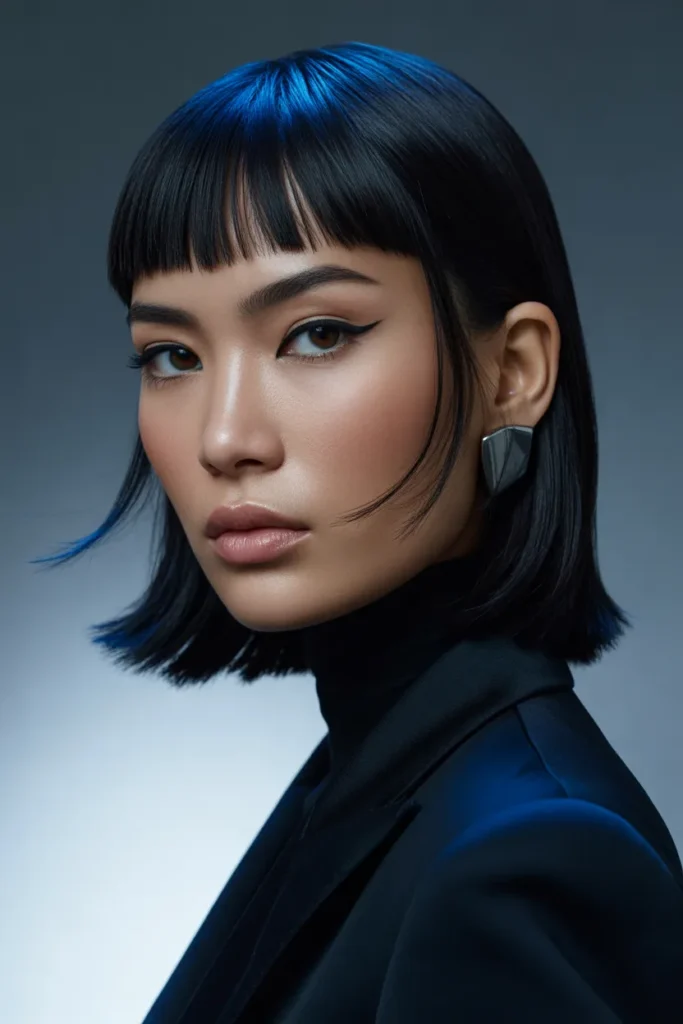 Sleek Straight Medium Shag Haircut With Blunt Bangs