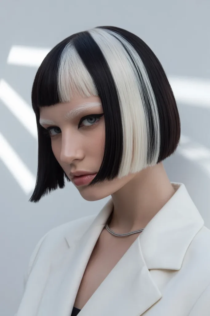 Sleek Y2K Skunk Hair Bob with Bold Color Blocking