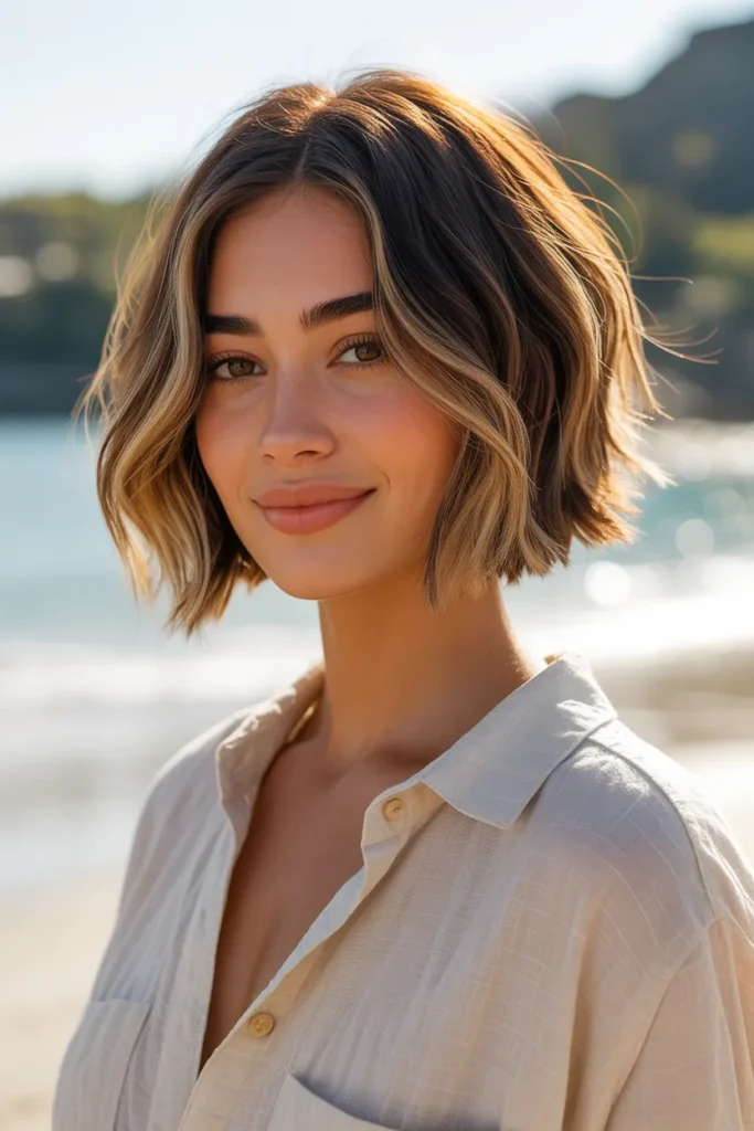 Soft Balayage Long Pixie Bob for a Sun-Kissed Look