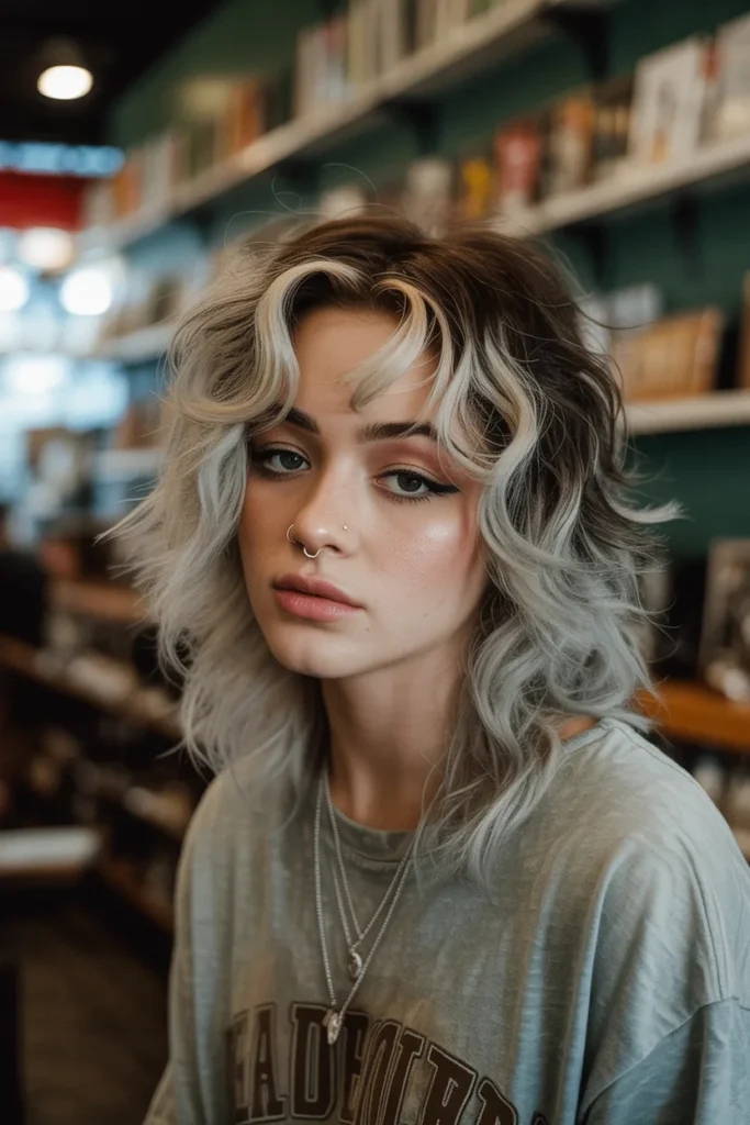 Soft Grunge Y2K Skunk Hair with Messy Waves and Dark Roots