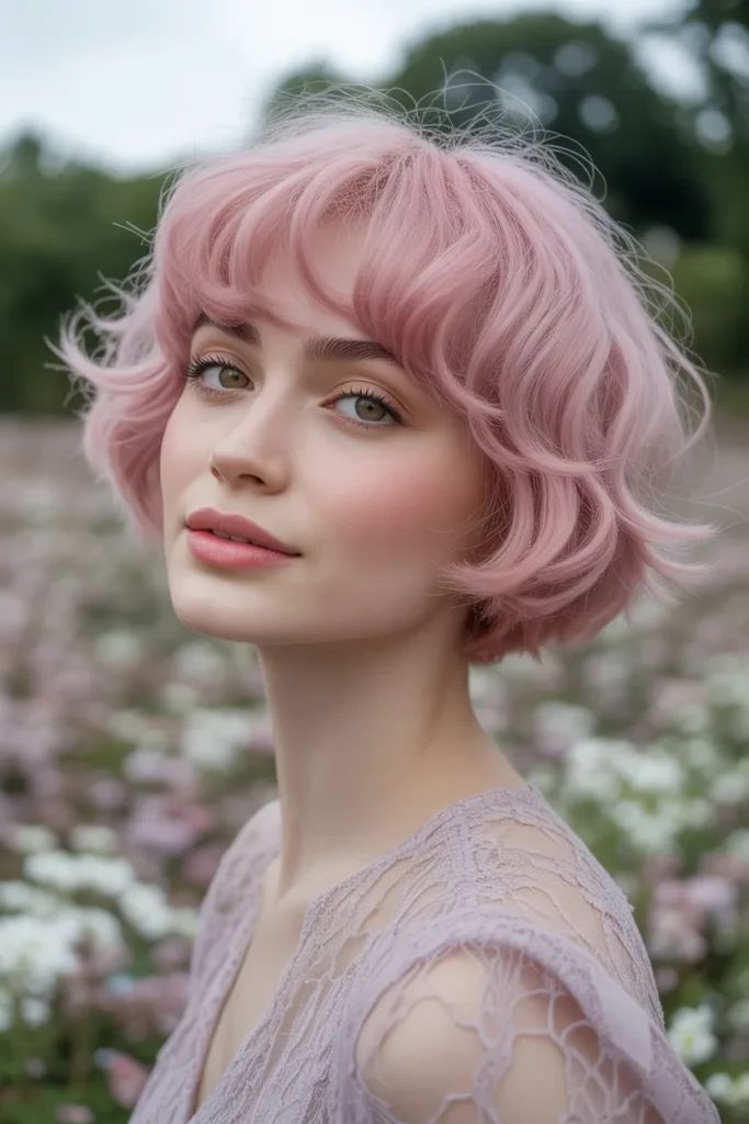 Soft Pastel Pink Short Shag With Wispy Bangs