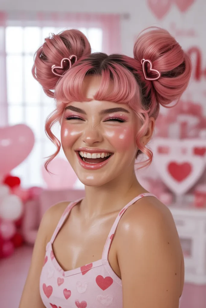 Space Buns With Glossy Pink Tones for a Playful Date