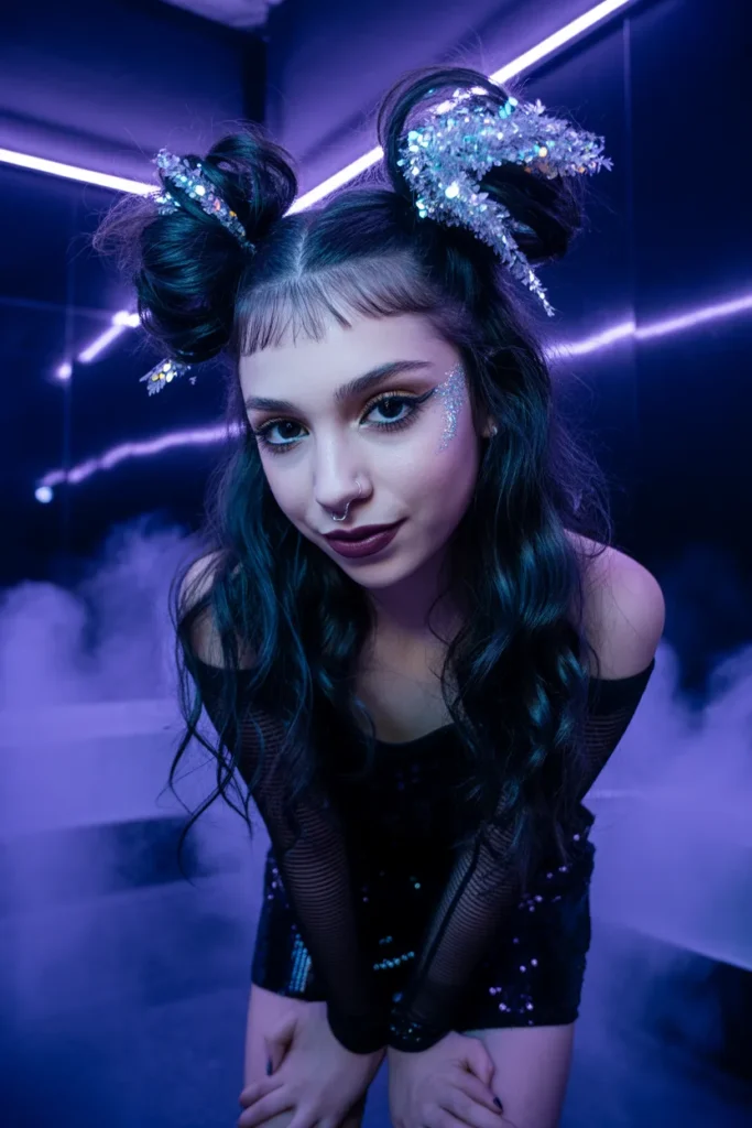 Space Buns With a Glittery Grunge Twist