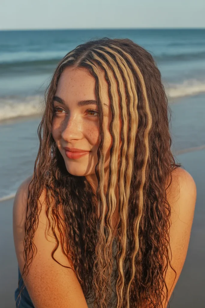 Sun-Kissed Y2K Skunk Hair with Beachy Waves and Warm Tones