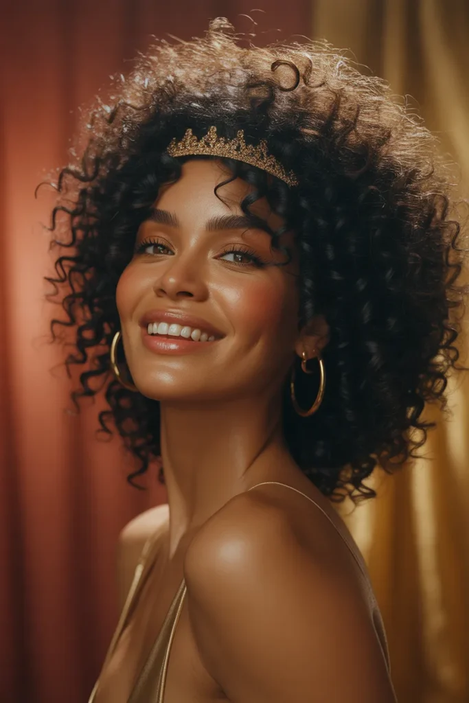 Voluminous Curly Afro With a Gold Hair Crown