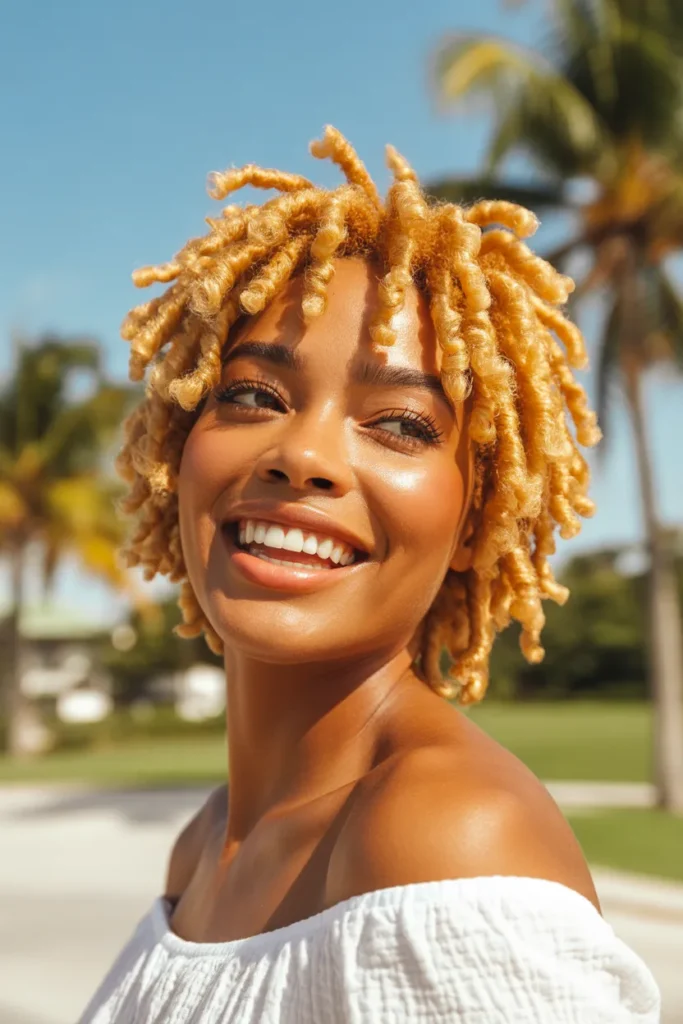 Voluminous Loc Styles Short Hair With Bright Honey Blonde Color