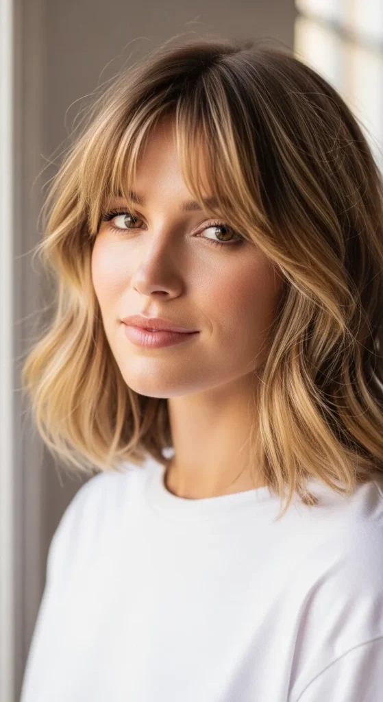 Wavy Medium Hairstyles Wispy Bangs for Diamond Faces