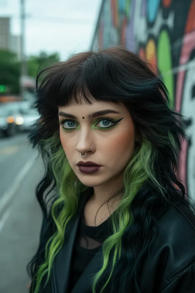 Y2K Skunk Hair in Green and Black for a Bold Alternative Look