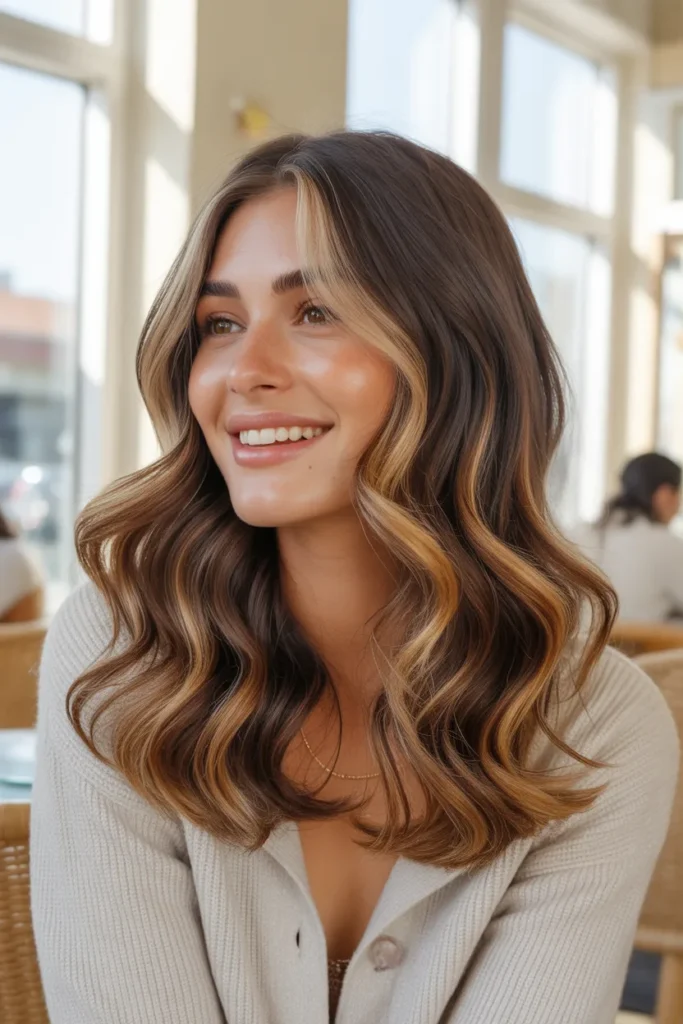 Y2K Skunk Hair in Natural Brown and Caramel Balayage Style