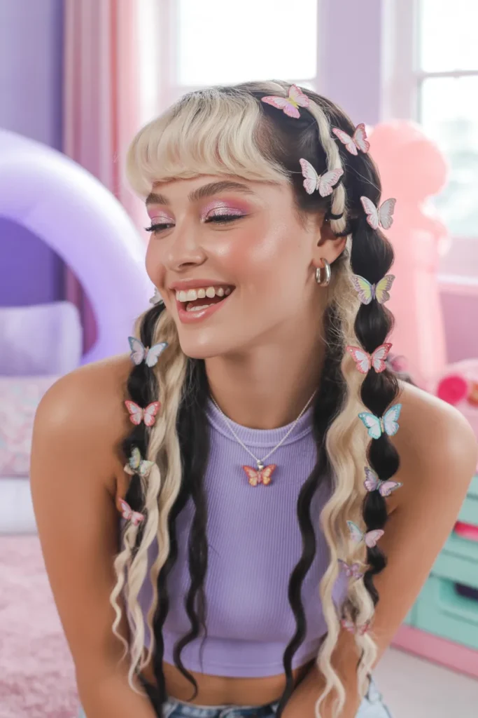 Y2K Skunk Hair with Chunky Highlights and Butterfly Clips