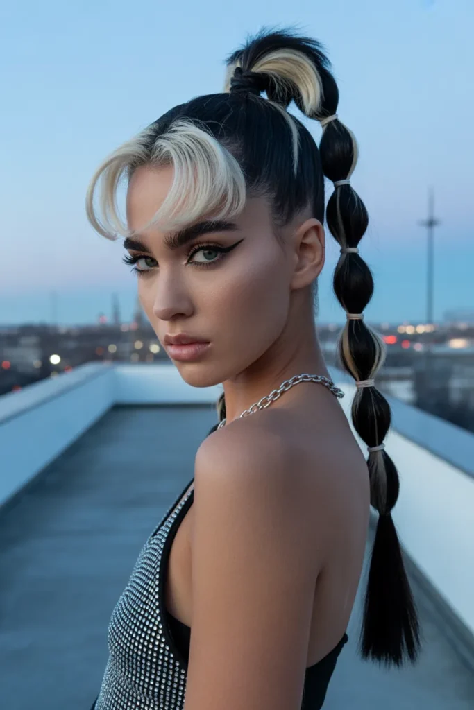 Y2K Skunk Hair with Face-Framing Money Pieces and a High Ponytail