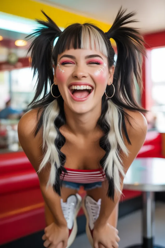 Y2K Skunk Hair with High Pigtails for a Playful Retro Look