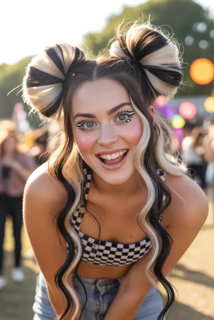 Y2K Skunk Hair with Space Buns and Two-Tone Color