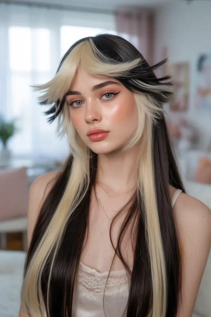 Y2K Skunk Hair with Wispy Bangs and Chunky Highlights