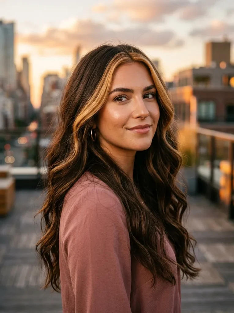 Chocolate Hair Color with Highlights Money Piece