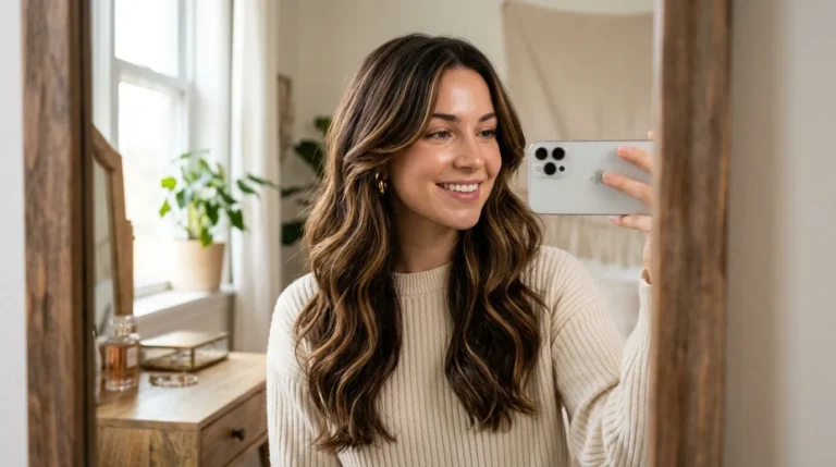 dark brown hair with caramel highlights