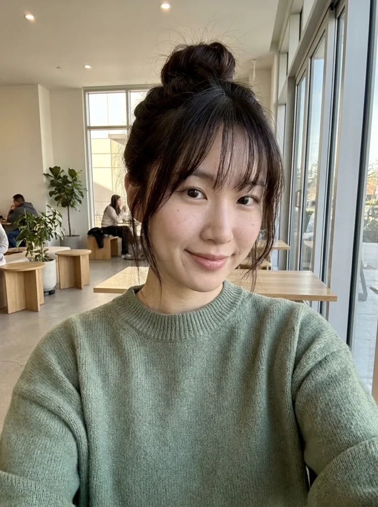 Messy Top Knot with Bangs
